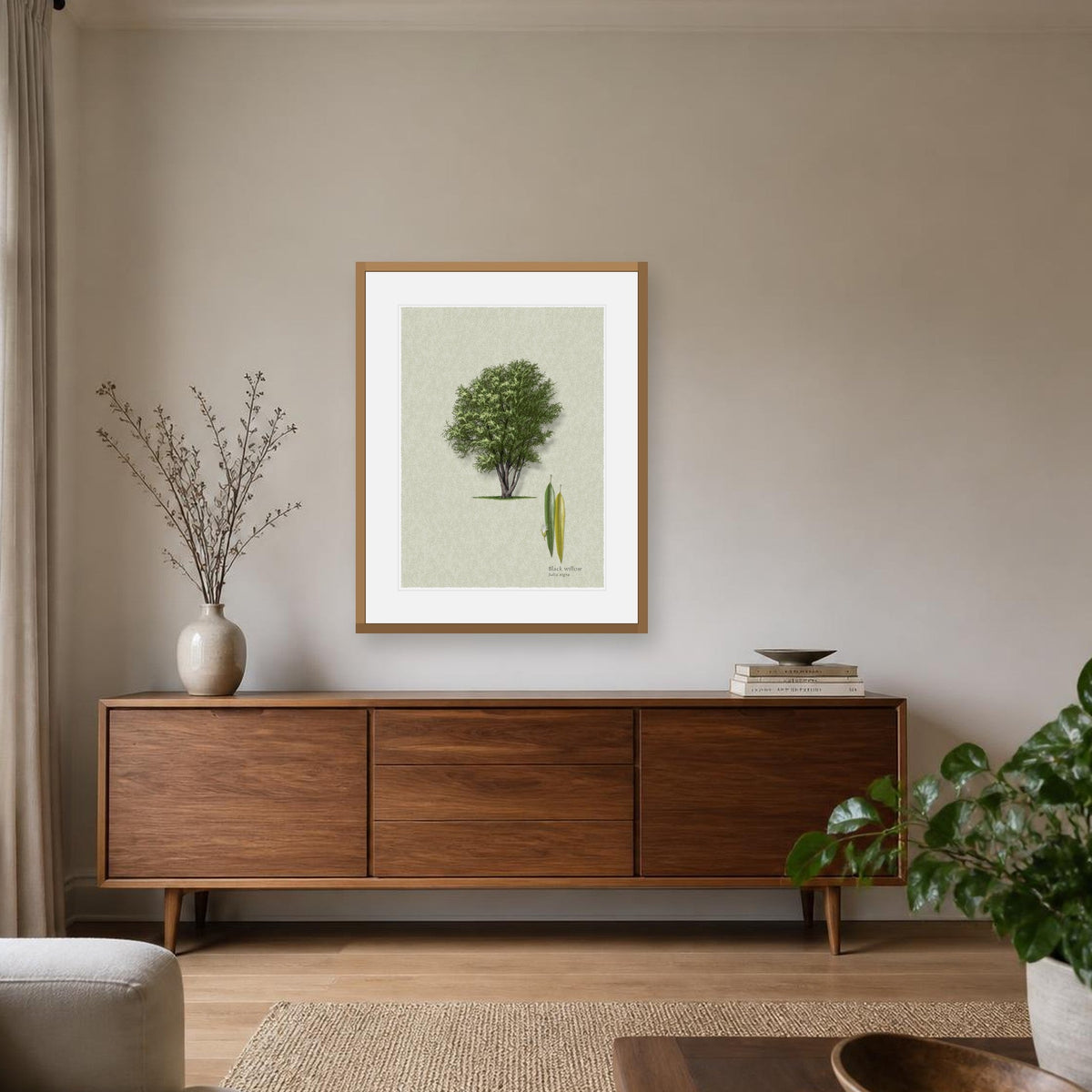 Black Willow botanical print by Robert O'Brien shown framed on a wall (frame not included)