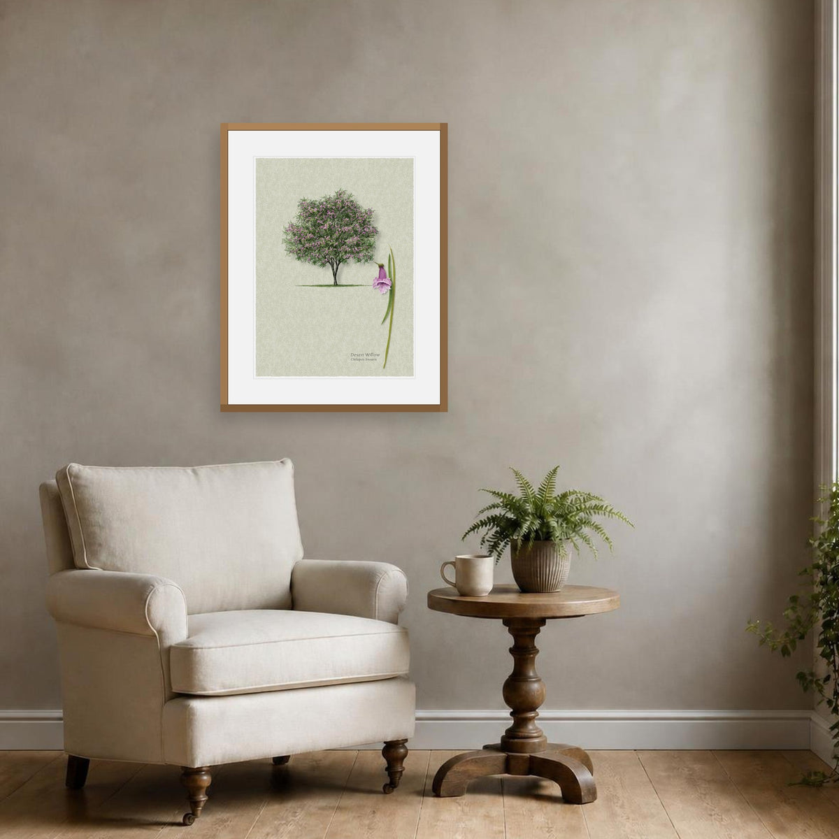 Desert Willow botanical print by Robert O'Brien shown framed on a wall (frame not included)