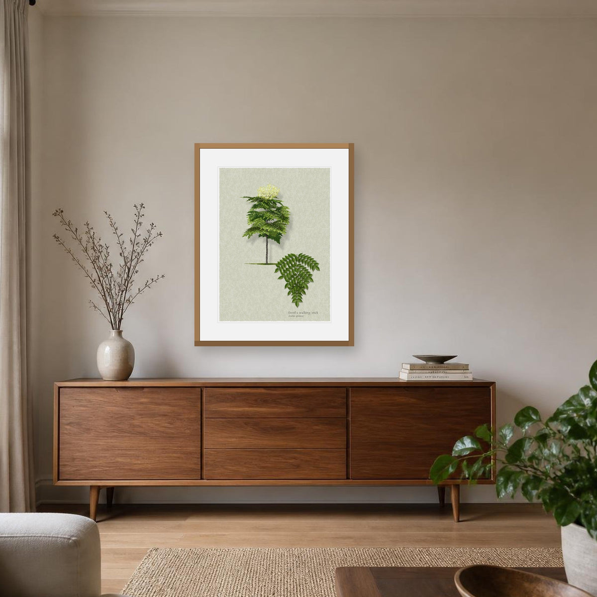 Devil's Walking Stick botanical print by Robert O'Brien shown framed on a wall (frame not included)