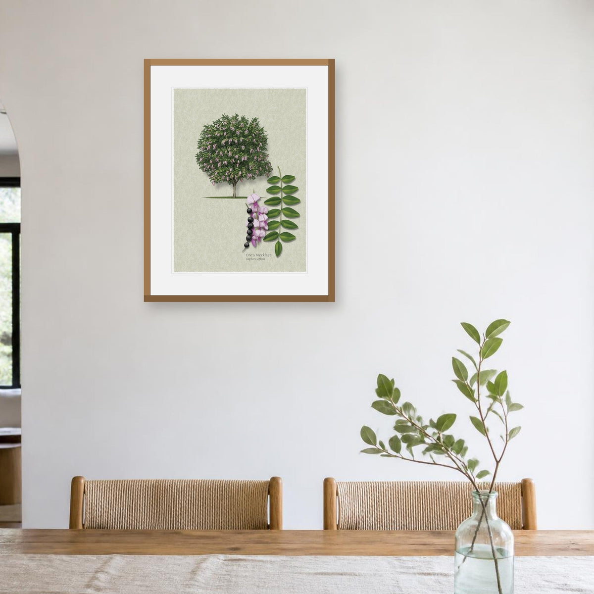 Eve's Necklace botanical print by Robert O'Brien shown framed on a wall (frame not included)
