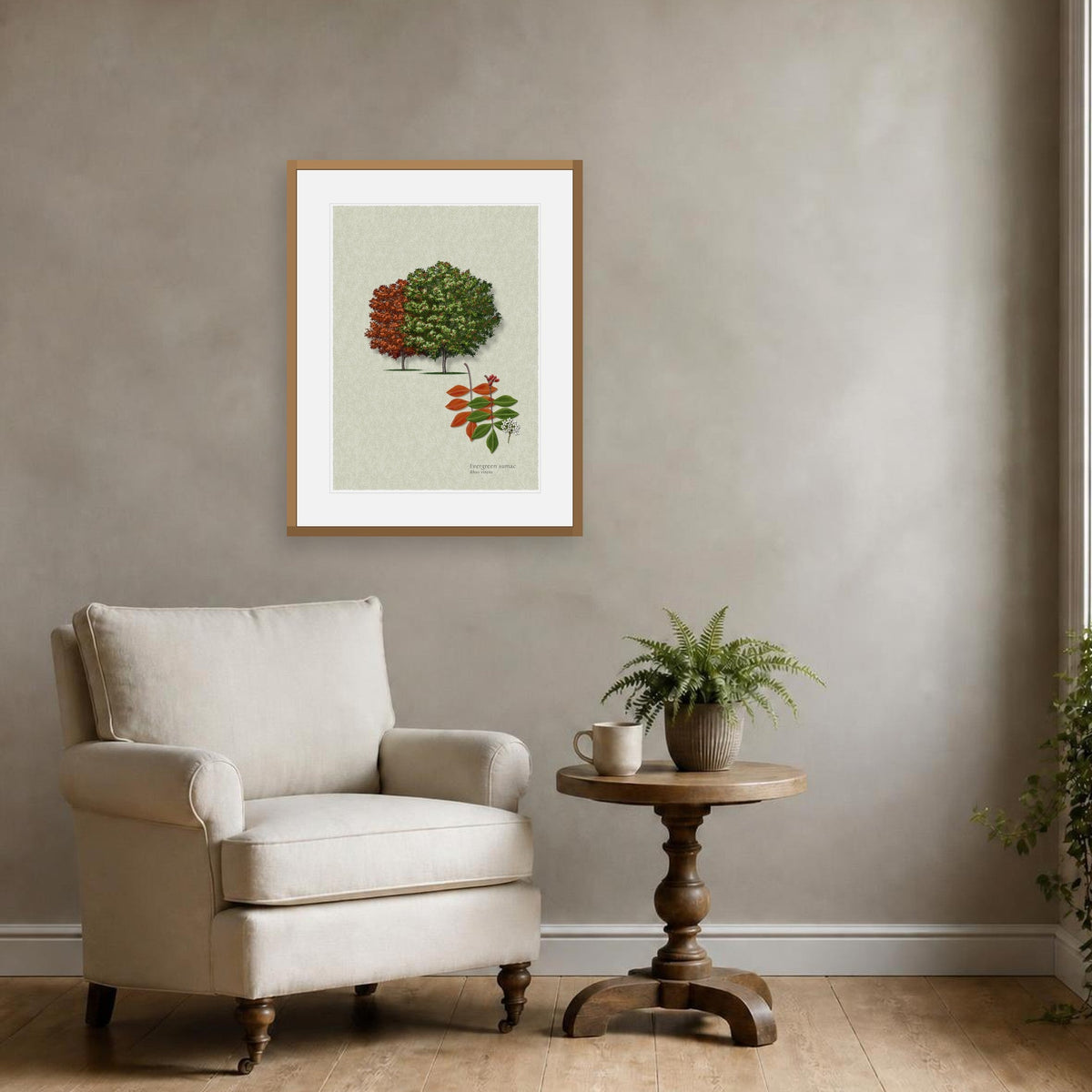 Evergreen Sumac botanical print by Robert O'Brien shown framed on a wall (frame not included)