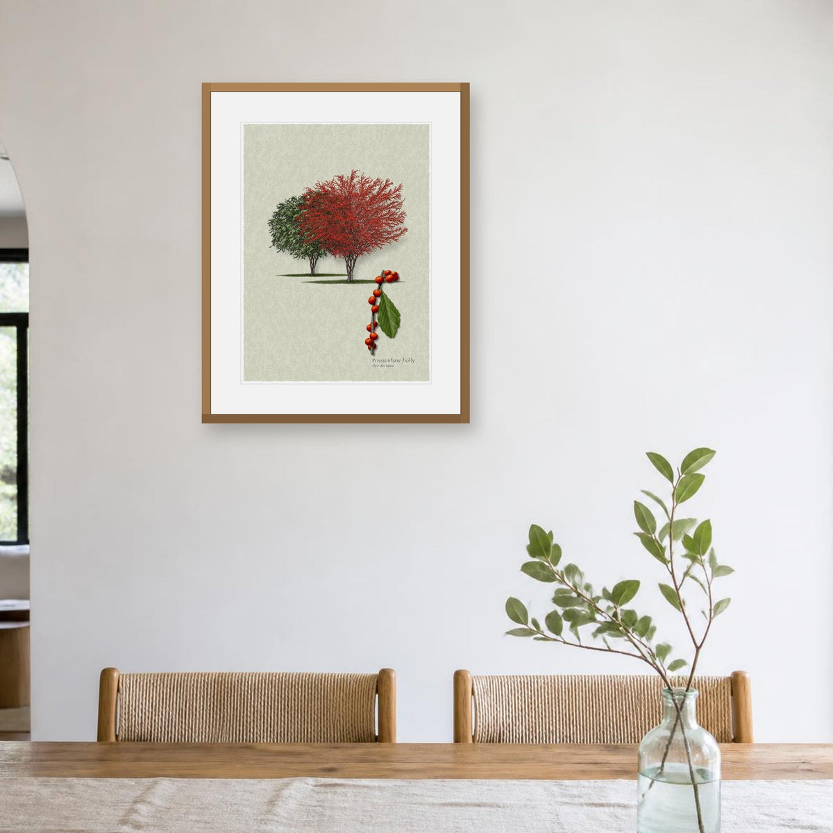 Possumhaw Holly botanical print by Robert O'Brien shown framed on a wall (frame not included)