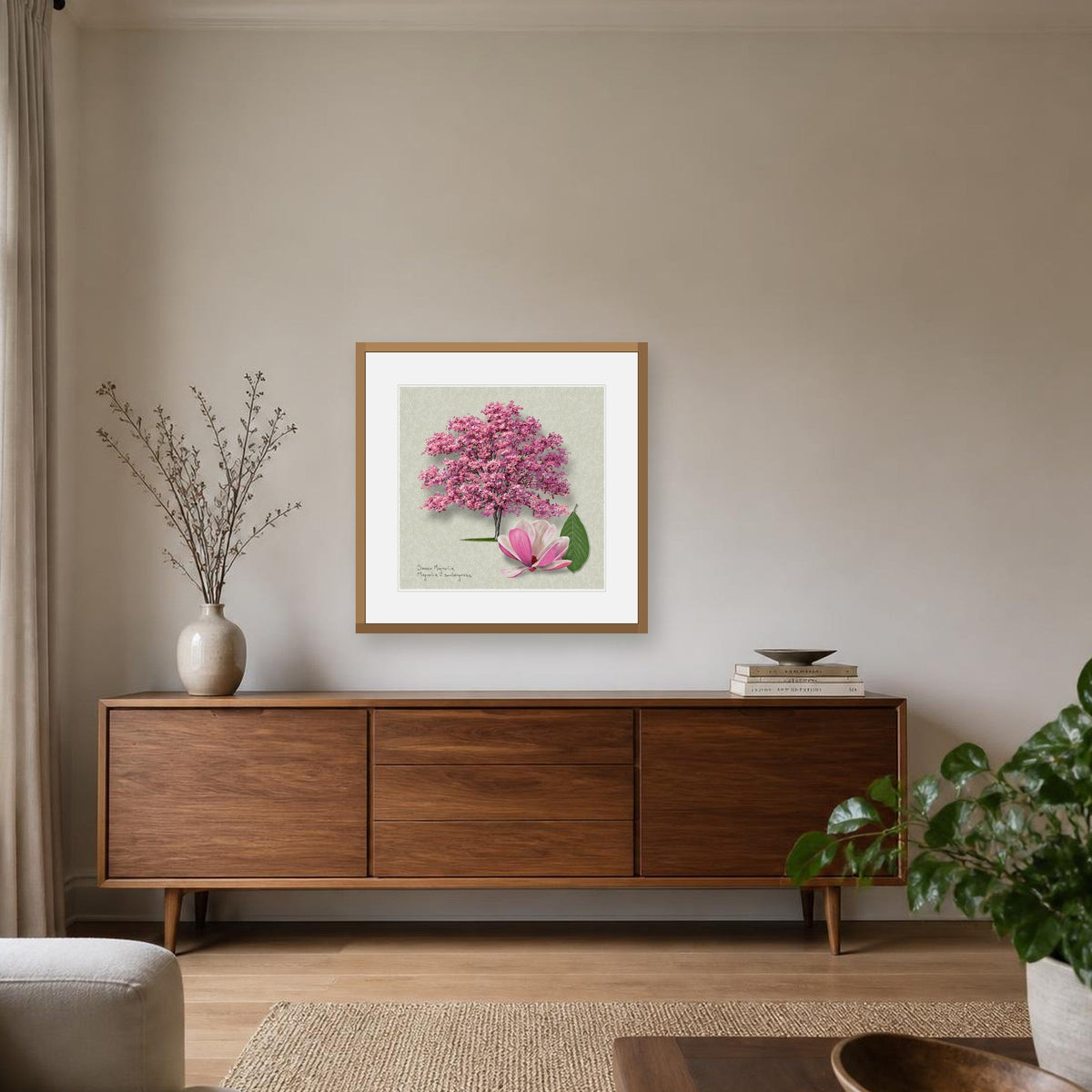Saucer Magnolia Signature print framed on a wall