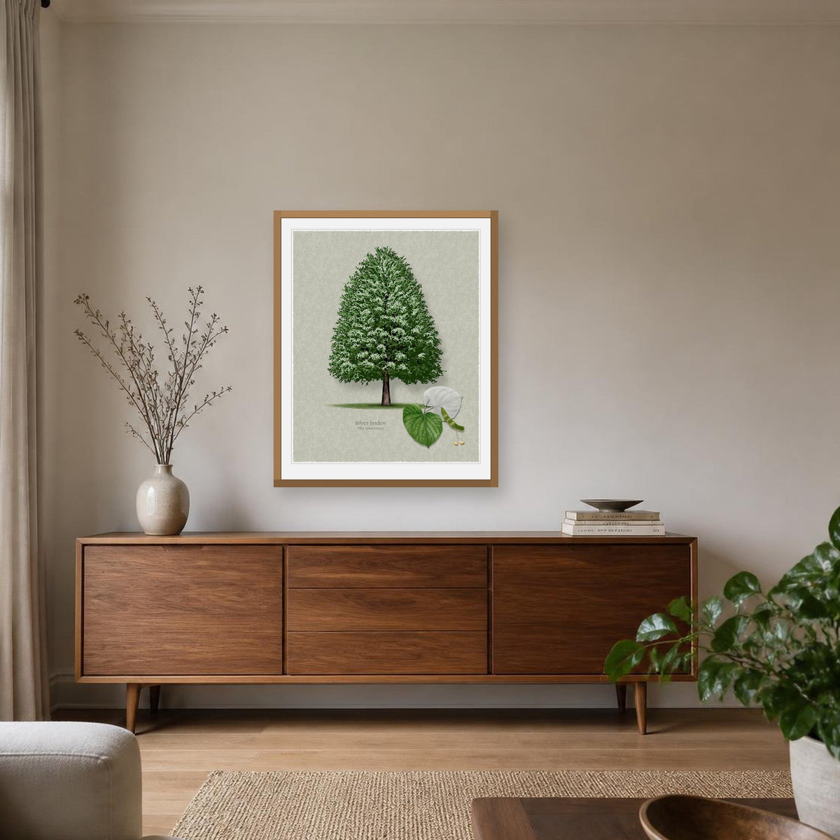 Silver Linden print framed in a room