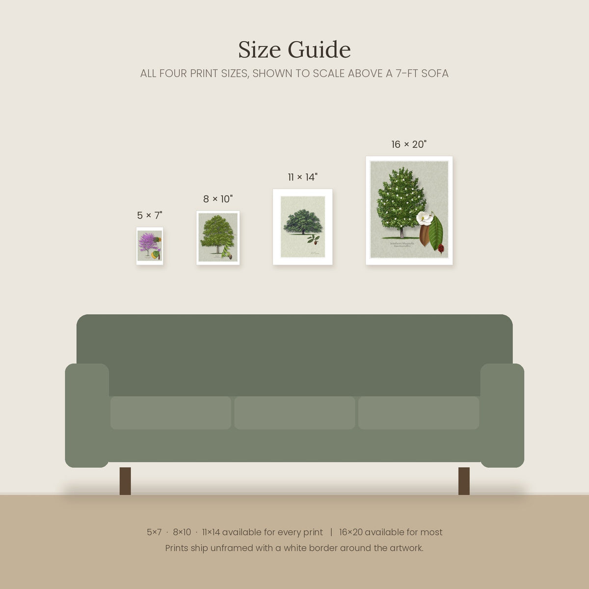 Size guide: Robert O'Brien print sizes shown to scale above a sofa