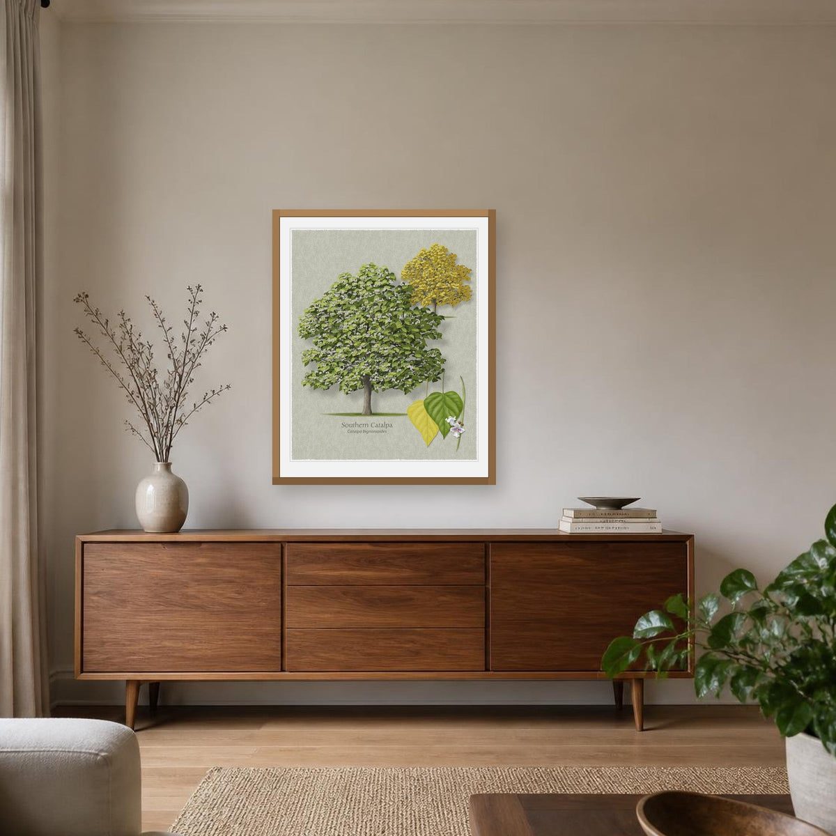 Southern Catalpa botanical print by Robert O'Brien shown framed on a wall (frame not included)