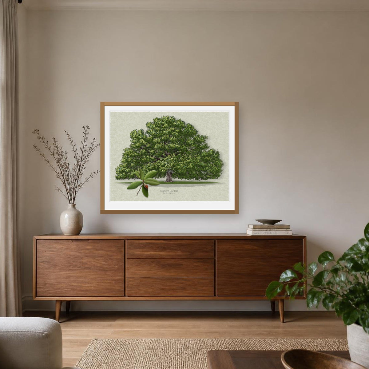 Southern Live Oak botanical print by Robert O'Brien shown framed above a sideboard (frame not included)