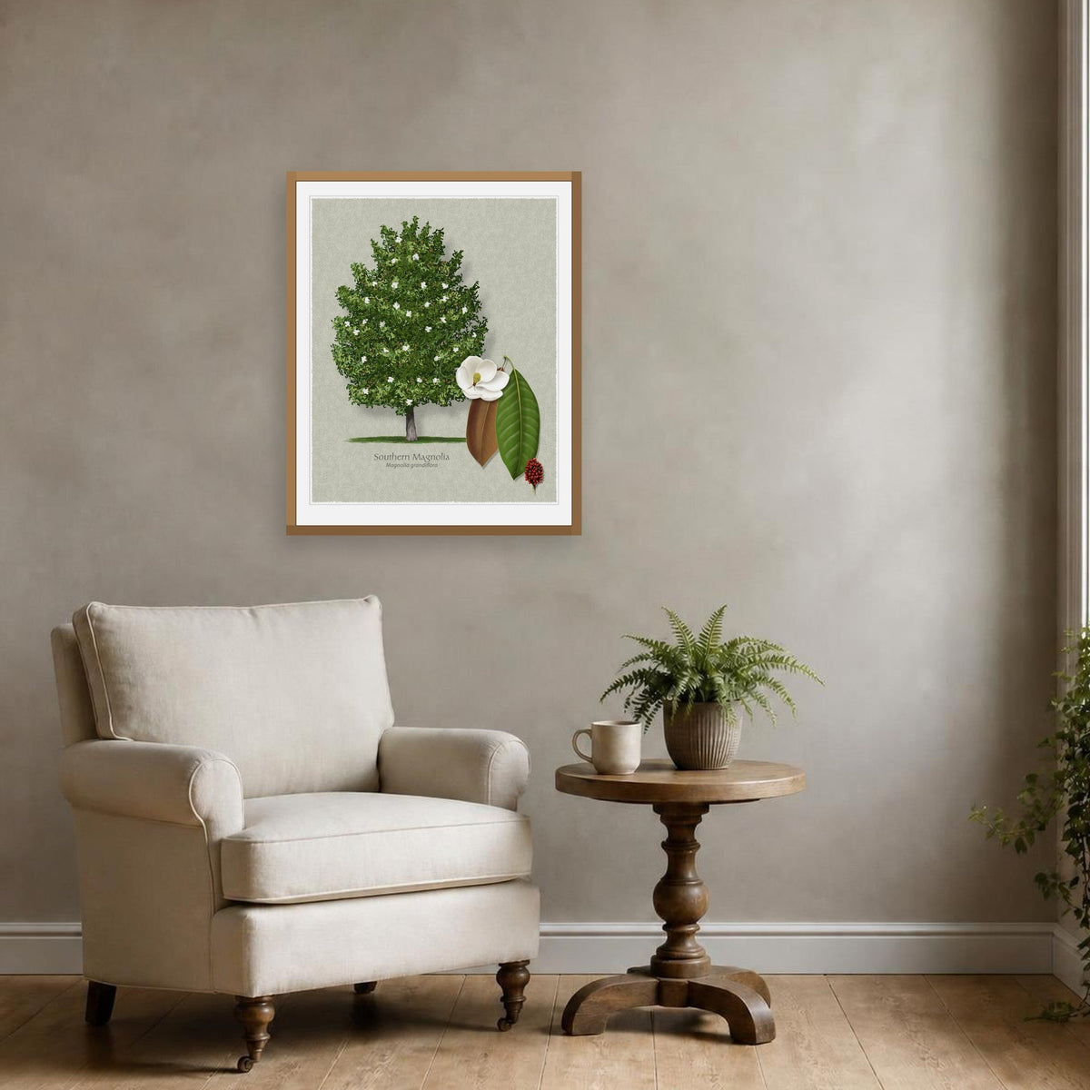 Southern Magnolia botanical print by Robert O'Brien shown framed on a wall (frame not included)