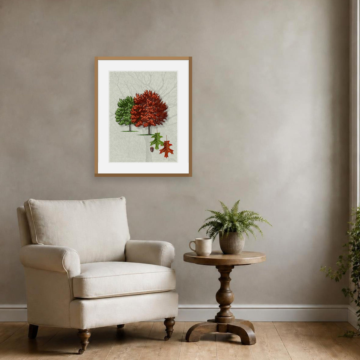 Texas Red Oak, Seasonal Study print framed on a wall above a reading chair