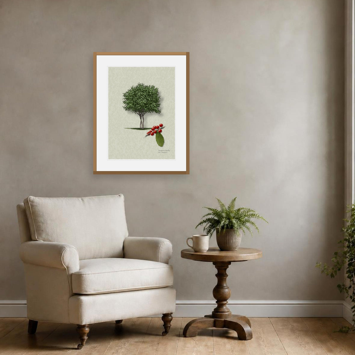 Yaupon Holly botanical print by Robert O'Brien shown framed on a wall (frame not included)